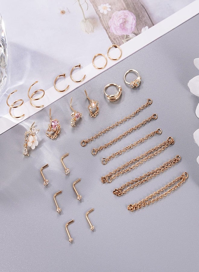 NICEIGHT 24Pcs 20G Stainless Steel Nose Ring Chain Piercing Across Double Nose Stud with Nose Chain Nostril Piercing Jewelry R - Image 2